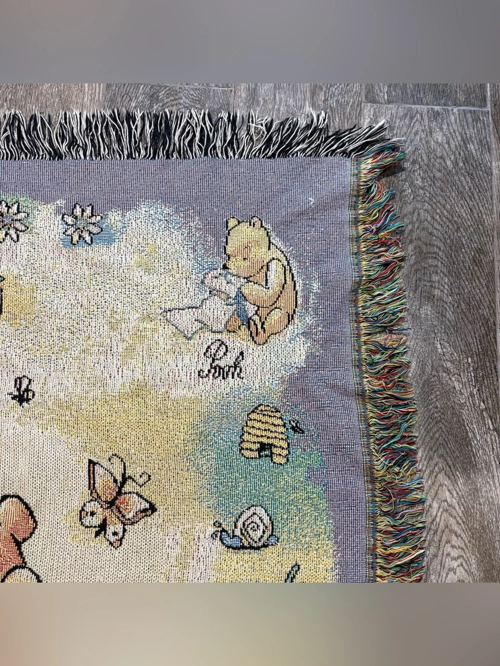 VTG Classic Winnie The Pooh & Piglet Woven Tapestry Throw Fringed Blanket 35x53